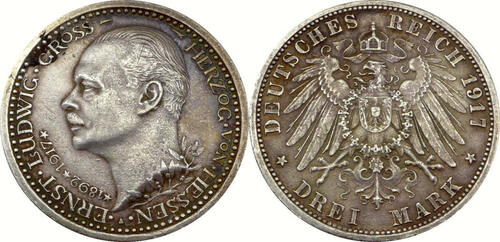 3 Mark 1917 A Ernst Ludwig (1892-1918) - Großherzog von Hessen - Drei Mark - J.77 TTB+, mit Patina