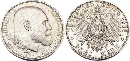 Kaiserreich Württemberg 3 Mark 1916 F 25. Jahrestag - Herrschaft von Wilhelm II,J.178 gutes SUP,
