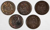 1 Pfennig Germany Empire Wilhelm II Copper LOT OF 5 COINS 1905-1912  UNC KM#10(6) SPL