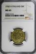 5 Markkaa Finland Brass 1950 H  NGC MS63 1 GRADED HIGHEST KM# 31a (016)