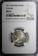 1 Franc Belgium Albert I Silver 1911  Flemish Dutch Text NGC MS63 KM# 73.1 (02)
