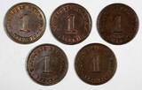 1 Pfennig Germany Empire Wilhelm II Copper LOT OF 5 COINS 1905-1912  UNC KM#10(6) SPL