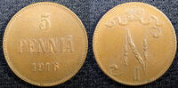 Finland 5 Pennia 1916 Finland Russian Nicolas II (1895-1917) Copper 1916... 12,88 EUR  + 12,88 EUR frais d'envoi