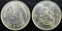 Finland 25 Penniä 1930 FINLAND Copper-Nickel 1930 S 25 Penniä BU Coin KM... 17,18 EUR  + 12,88 EUR frais d'envoi