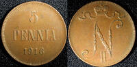 Finland 5 Pennia 1916 Finland Russian Nicolas II (1895-1917) Copper 1916... 7,73 EUR  + 12,88 EUR frais d'envoi