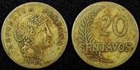 Peru 20 Centavos PERU Brass 1943 WWII ISSUE Thick planchet KM# 221.1 (25 034) -