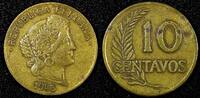 Peru 10 Centavos PERU Brass 1946/5 OVERDATE Thick planchet KM# 224.1 (25 031) -
