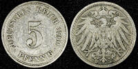 Germany 5 Pfennig Germany - Empire Wilhelm II Copper-Nickel 1900 A Berlin KM# 11 (745) -