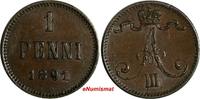 1 Penni Finland Alexander III Copper 1891  ch XF KM# 10 (15 082) Uncertified
