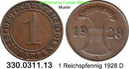Weimarer Republik 1 Reichspfennig J.313 Ähren . 330.0311.13 -
