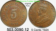 5 Cents 1924 Mauritius KM14, Schön 3 . 503.0090.12  Georg. V. in dieser Qualität selten vz-unc