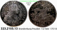 Preußen Olding 30 . Cr. 28 . Friedrich II. 1740-1786 1/2 Taler 1751B ss-vz Hksp.