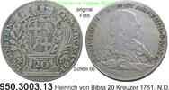 Fulda Bistum 20 Kreuzer 1761. N.D. Heinrich von Bibra 1759-1788 . 950.30... 80,00 EUR  + 15,75 EUR frais d'envoi