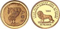 Kongo 20 Francs 2003 Eule von Athen 1/25oz Gold FB in Kapsel