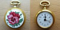 Schweiz, DAMEN TaschenUHR, niedliche HALSKETTEN UHR mit Stiefmütterchen, gute Funktion-eher neuerer Bauart, -