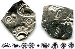 Antike Extremely nice and rare double-sided coin! Silver punchmarked 1/2 karshapana fro -
