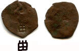 Mittelalter Copper Golden Horde pul with a castle countermark by the Genoese in Caffa, ca. -