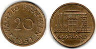 Saarland 20 Francs 1954 Saarland, Kursmünze 20 Francs 1954, Erhaltung si... 4,00 EUR prix TTC + 9,90 EUR frais d'envoi