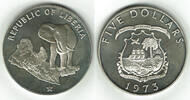 Liberia 5 Dollars Republic of Liberia, silver coin, 5 Dollar 1973, Elephant -