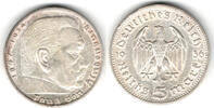 Drittes Reich 5 Reichsmark Drittes Reich, 5 Reichsmark Hindenburg ohne HK, 13,89 g 900er Silber! -