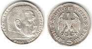 Drittes Reich 5 Reichsmark Drittes Reich, 5 Reichsmark Hindenburg ohne HK, 13,89 g 900er Silber! -