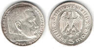 Drittes Reich 5 Reichsmark Drittes Reich, 5 Reichsmark Hindenburg ohne HK, 13,89 g 900er Silber! -