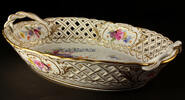 Meißen Meissener Porzellan/Durchbrochene ovale Korbschale/Blumenmalerei mit Golddekor -