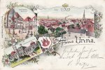 Unna Litho/Gruss aus Unna./Marktplatz. Denkmal./Total./Badehaus-Königsborn. -