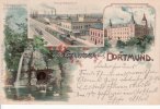 Dortmund Litho/Gruss aus Dortmund./Schwanenteich-Kronenburg/Hauptbahnhof/Hauptpostgebäude -
