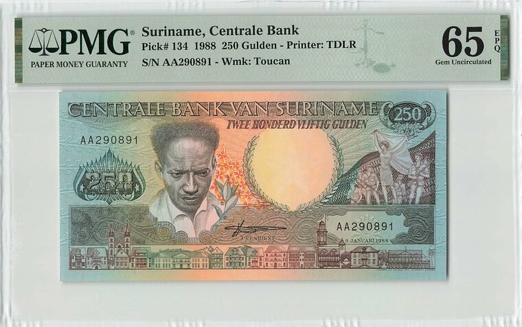 SURINAME P.134 - 250 Gulden 1988 PMG 65 EPQ | MA-Shops