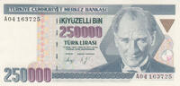 Asia 207 - 250 n. Chr. TURKEY P.207 - 250.000 Lira L.1970 (1992) UNC  15,00 EUR  + 10,00 EUR frais d'envoi
