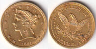 USA, Liberty Head,1839-1908, 5 Dollars, 1861, vorzüglich,