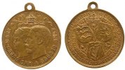 Großbritannien tragbare Medaille Bronze vergoldet Georg V und Mary, beider Büsten nach links / drei Wappen mit Umschrift der Kolonien, ca. 24 MM, kleine Randfehl -
