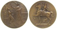 Belgien Medaille Bronze Brüssel - auf die Weltausstellung, Frauengestalt mit Palmzweig krönt einen jungen Mann mit Krug / berittener Herold nach -