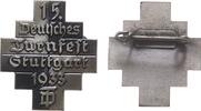Sport Abzeichen Bronze versilbert Stuttgart - auf das 15. Deutsches Turnfest, unsigniert, ca. 32 x 36,5 MM, intakte Nadel -