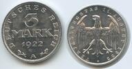 Deutsches Reich Weimar 3 Mark 1922 A Berlin G10125 - Verfassungstag 11. August 1922 Germany Weimar Republic Unzirkluliert