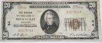 Banknoten 1929 $ $20 US National Currency 1st Wis. NB of Milwaukee, WI Ch#64 Net Fine -