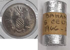 World Coins 1966 Bahamas 5 Cents BU Coins w/Pineapple-KM#3 Roll of 25 in Wrapper as Shown -
