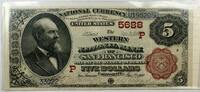 Banknoten 1882 $ $5 National Currency Western Bank San Francisco California CH# 5688- WW -