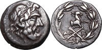 Achäische Liga (~160-146 BCE) AR Triobol/Hemidrachm Peloponnesus, Aigeira. Bundesmonogramm für AX, Ziegenprotome -