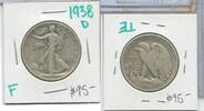 USA Half Dollar 1938-D Silver Walking Liberty 50c Denver Mint - SS818 -