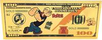 USA Banknoten 100 Dollars Popeye the Sailor Man $ 24K Gold Foil Plated Note Bill - XX151 -