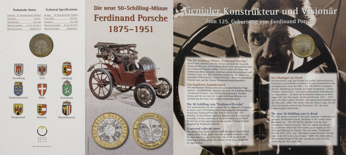 Österreich 50 Schilling 2000 125 Jahre Ferdinand Porsche FDC, im orig ...