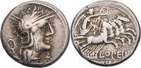 Römische Republik Denar M. Opimius, Kopf der Roma / Victoria mit Kranz in Biga -