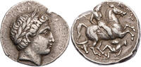Paionien Tetradrachme Patraos, Kopf des Apollon / paionischer Reiter ersticht Feind -