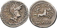 Römische Republik Denar M. Lucilius Rufus, Kopf der Roma / Victoria in Biga -