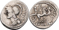 Römische Republik Denar P. Servilius Rullus, Büste der Minerva / Victoria in Biga -