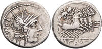 Römische Republik Denar M. Fannius, Kopf der Roma / Victoria in Quadriga -
