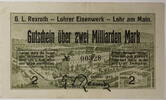 Lohr am Main 2 Milliarden Mark Gutschein der G.L. Rexroth - Lohrer Eisenwerk -