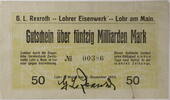 Lohr am Main 50 Milliarden Mark Gutschein der G.L. Rexroth - Lohrer Eisenwerk -
